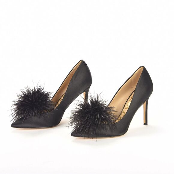 Sam Edelman Hazel Plush Black Silk Fabric Pointed Toe Feather Poof Pumps Size 8 - Picture 3 of 6